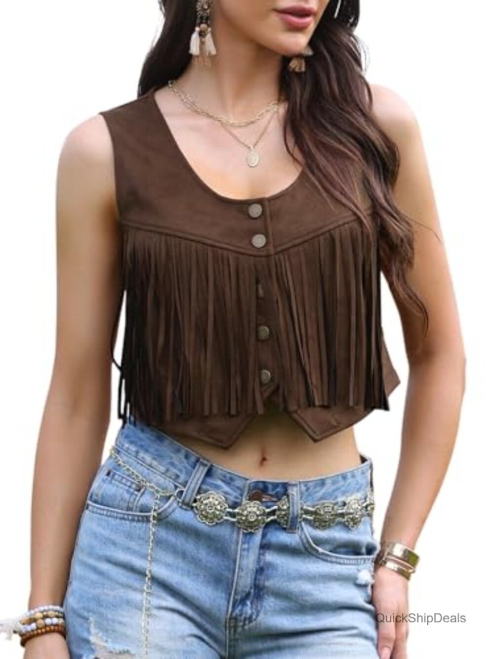 Faux Suede Fringe Vest Sleeveless Tassel Waistcoat Western Cowgirl